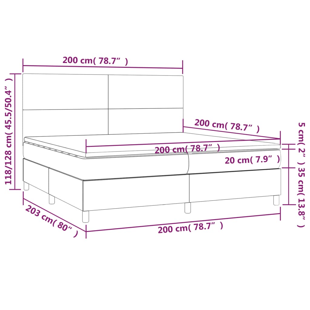 Cama box spring c/ colchão e LED 200x200 cm tecido cinza-claro