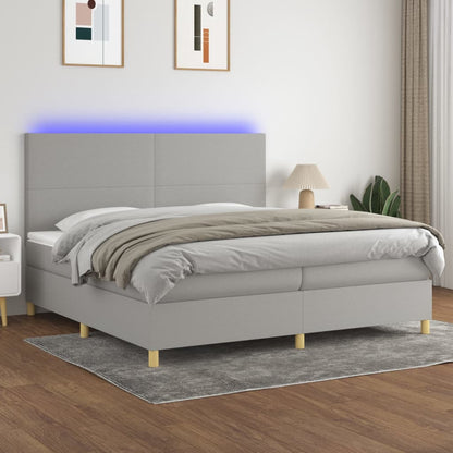 Cama box spring c/ colchão e LED 200x200 cm tecido cinza-claro