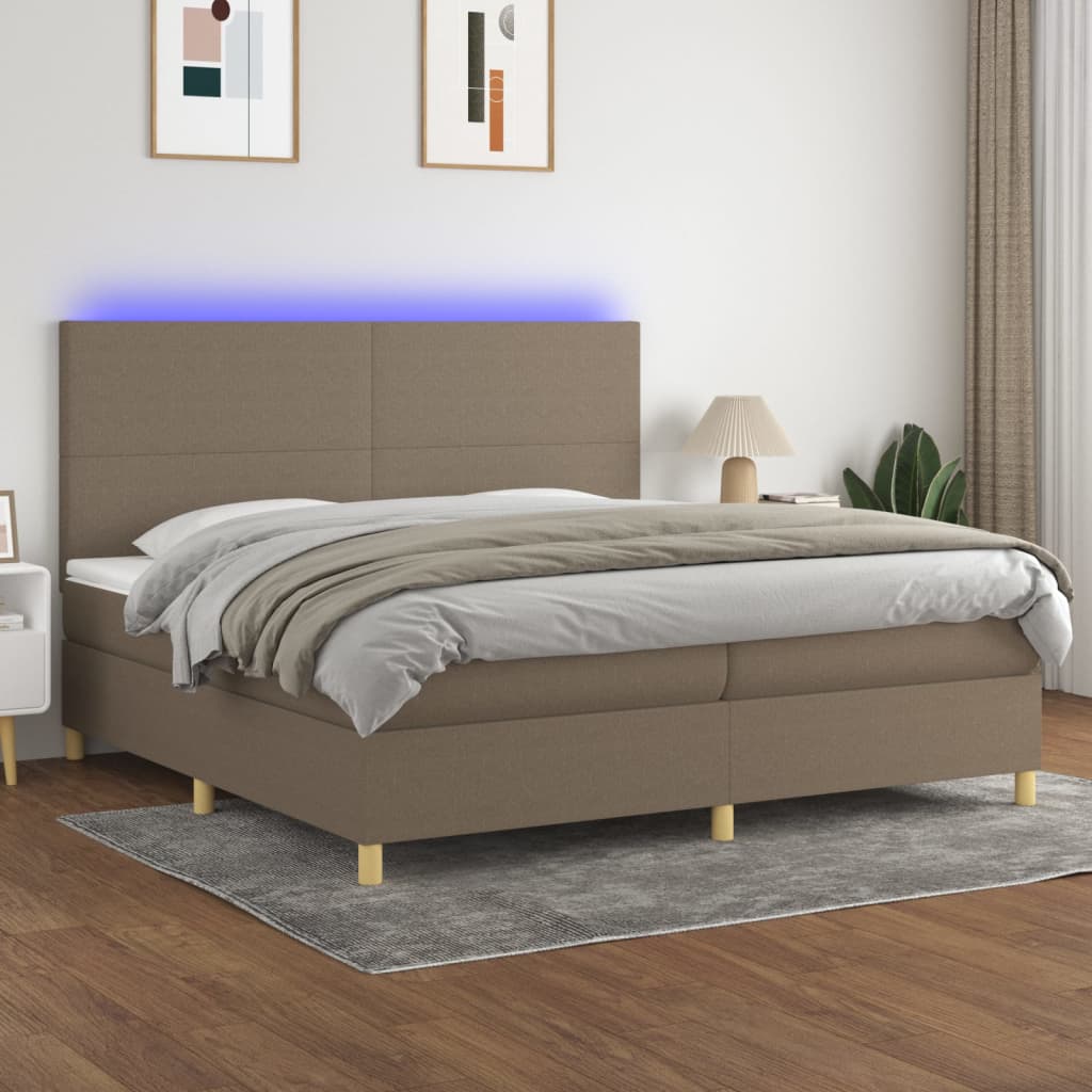 Cama box spring colchão/LED 200x200cm tecido cinza-acastanhado