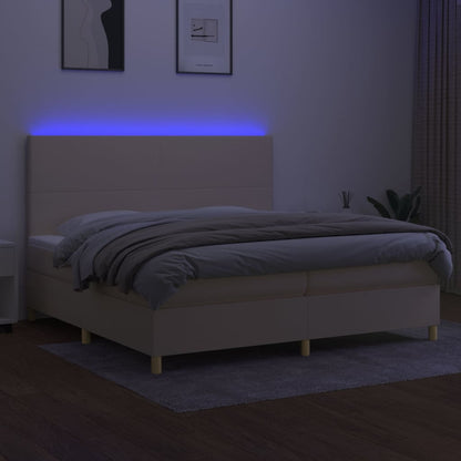 Cama box spring c/ colchão e LED 200x200 cm tecido cor creme