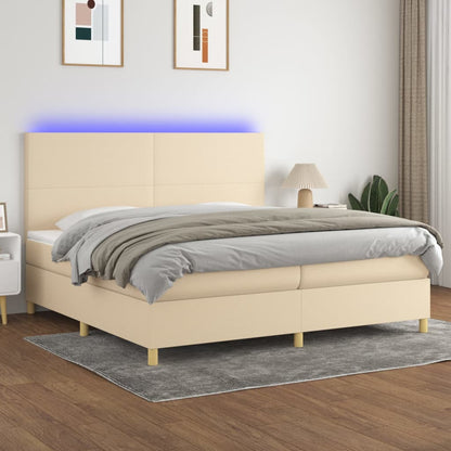 Cama box spring c/ colchão e LED 200x200 cm tecido cor creme