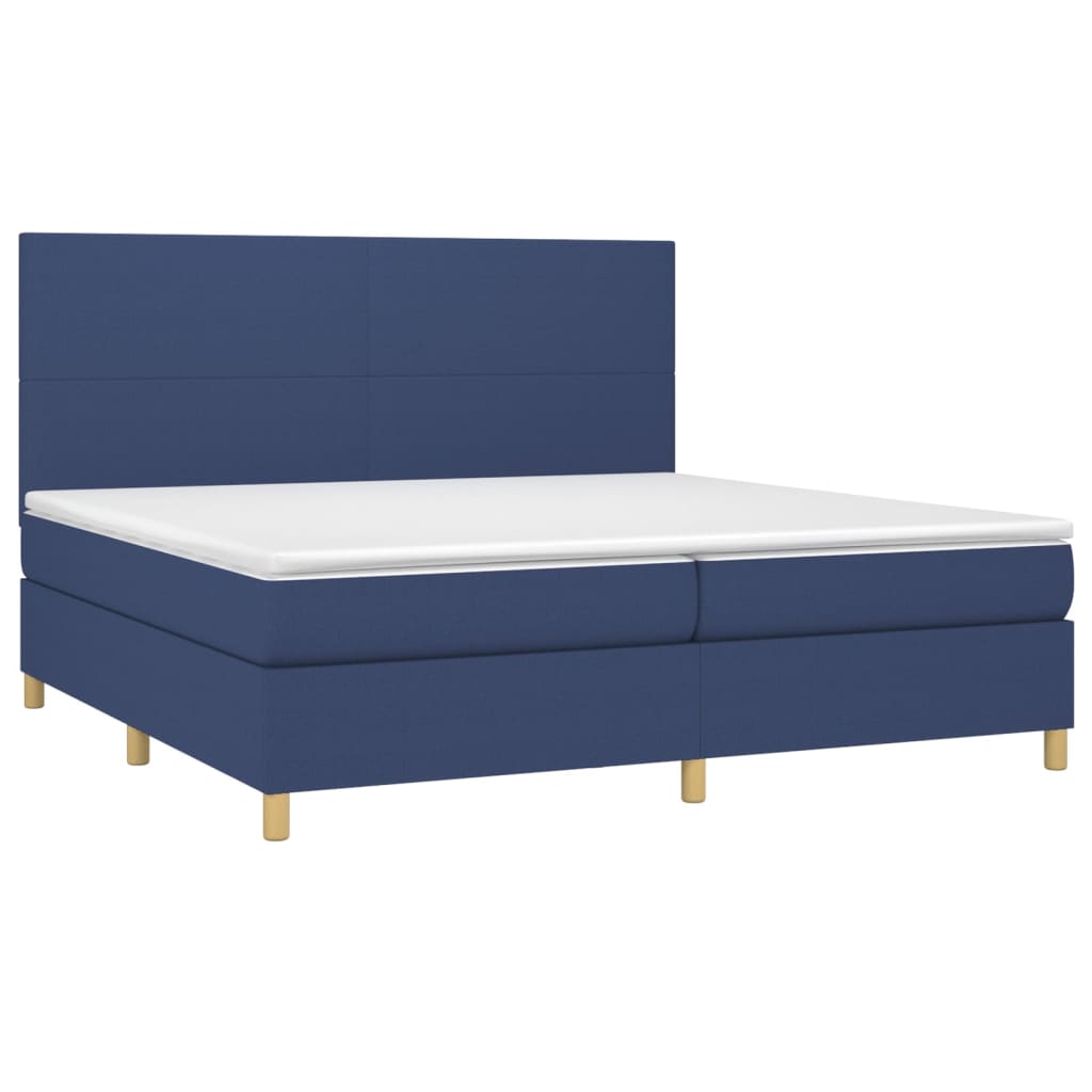 Cama box spring c/ colchão e LED 200x200 cm tecido azul