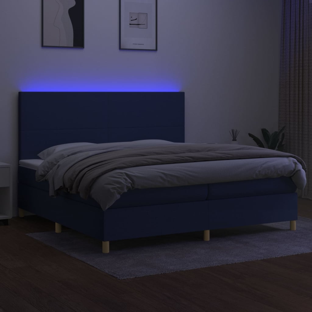 Cama box spring c/ colchão e LED 200x200 cm tecido azul