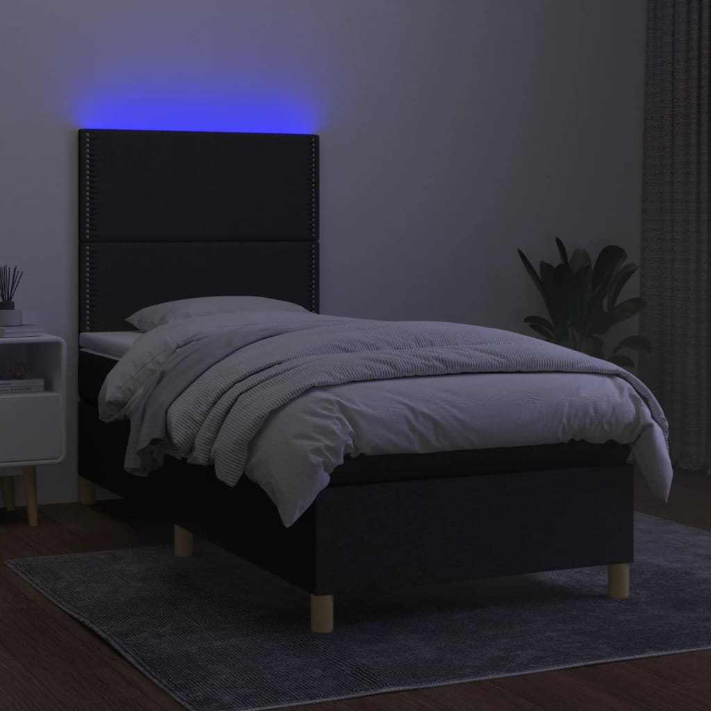 Cama box spring c/ colchão e LED 80x200 cm tecido preto