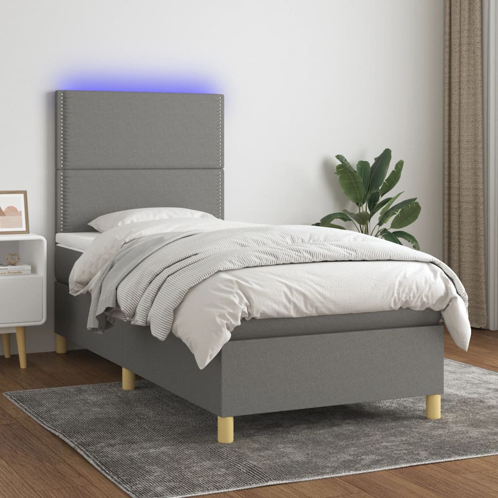 Cama box spring c/ colchão e LED 90x190 cm tecido cinza-escuro