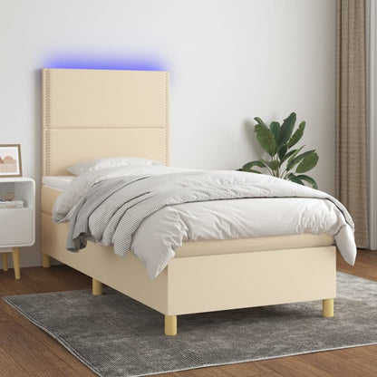 Cama box spring c/ colchão e LED 90x200 cm tecido cor creme