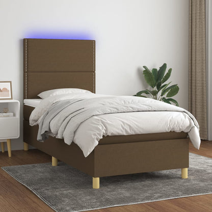 Cama box spring c/ colchão/LED 100x200cm tecido castanho-escuro