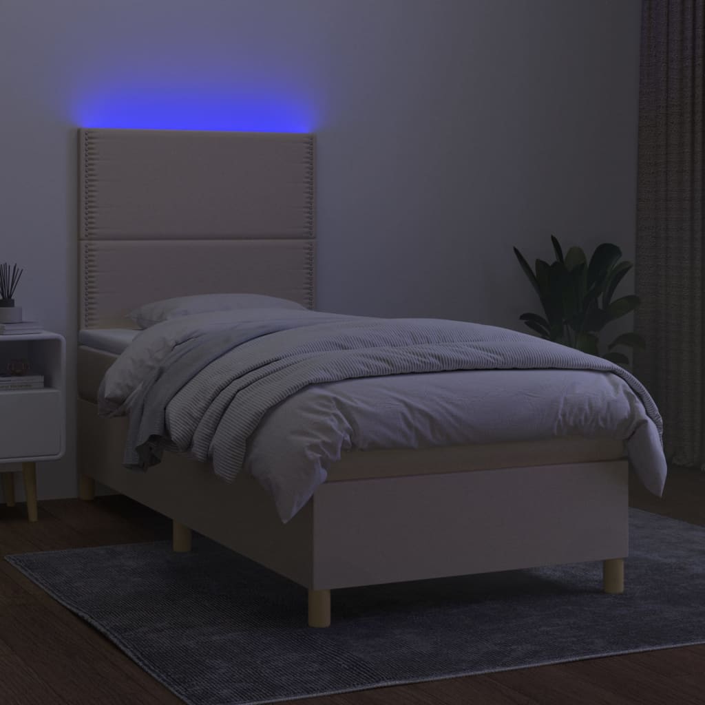 Cama box spring c/ colchão e LED 100x200 cm tecido cor creme