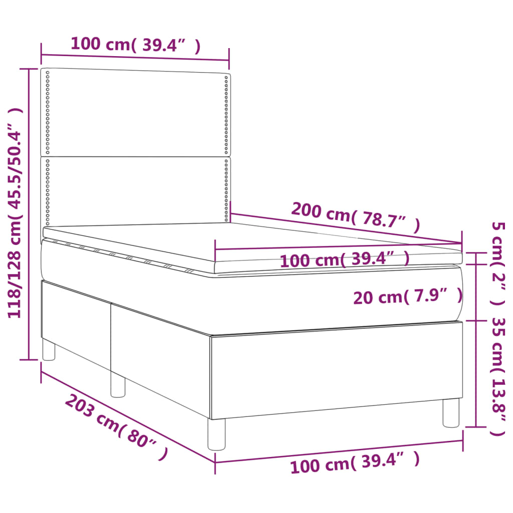 Cama box spring c/ colchão e LED 100x200 cm tecido cor creme