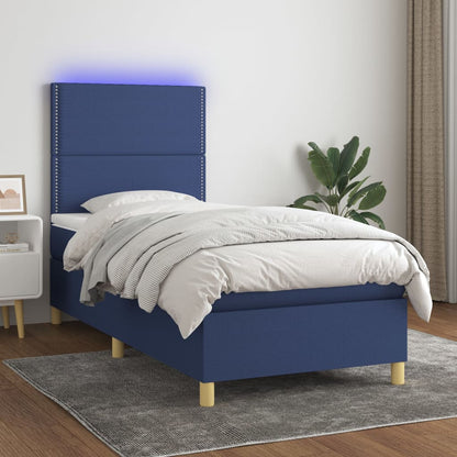 Cama box spring c/ colchão e LED 100x200 cm tecido azul