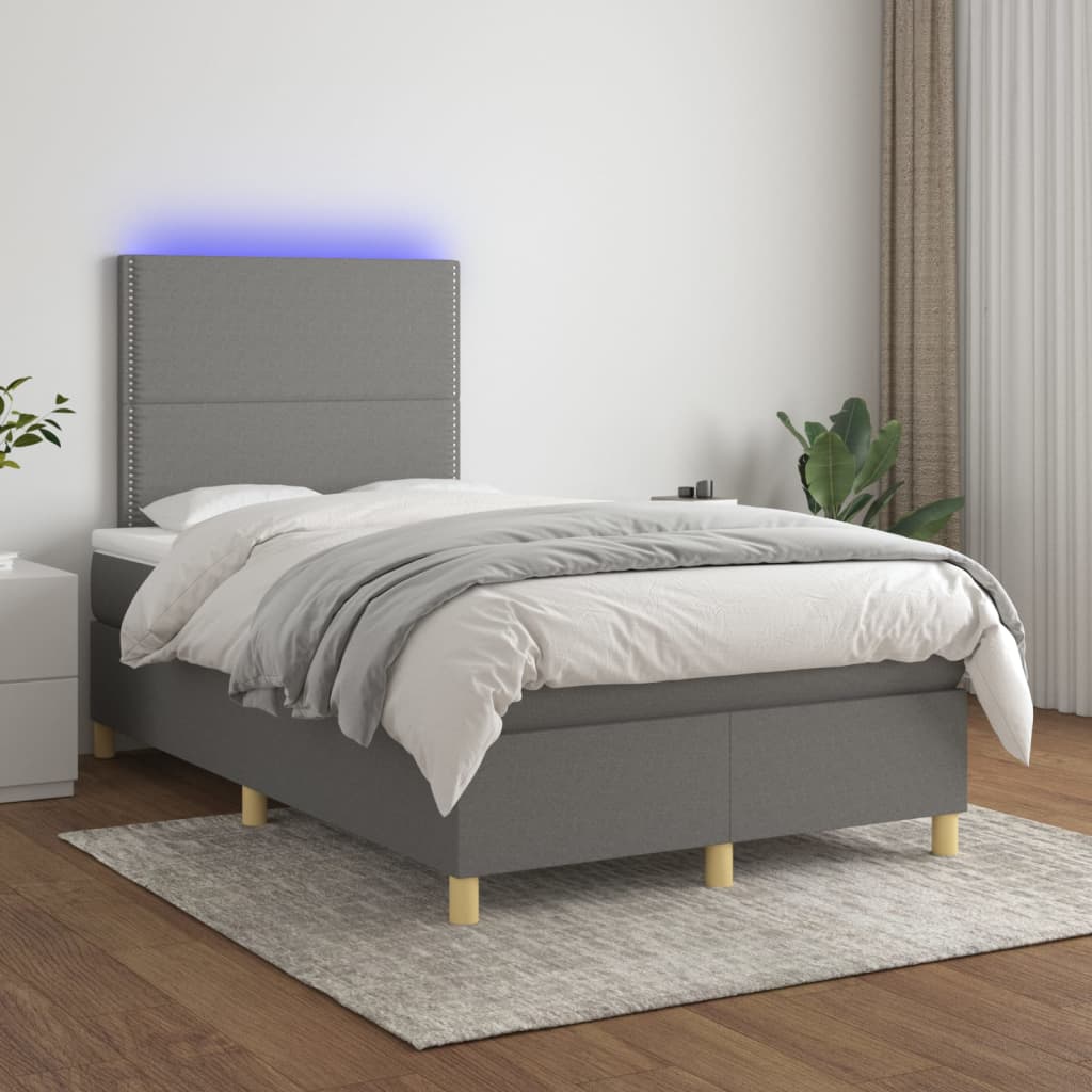 Cama box spring c/ colchão e LED 120x200 cm tecido cinza-escuro