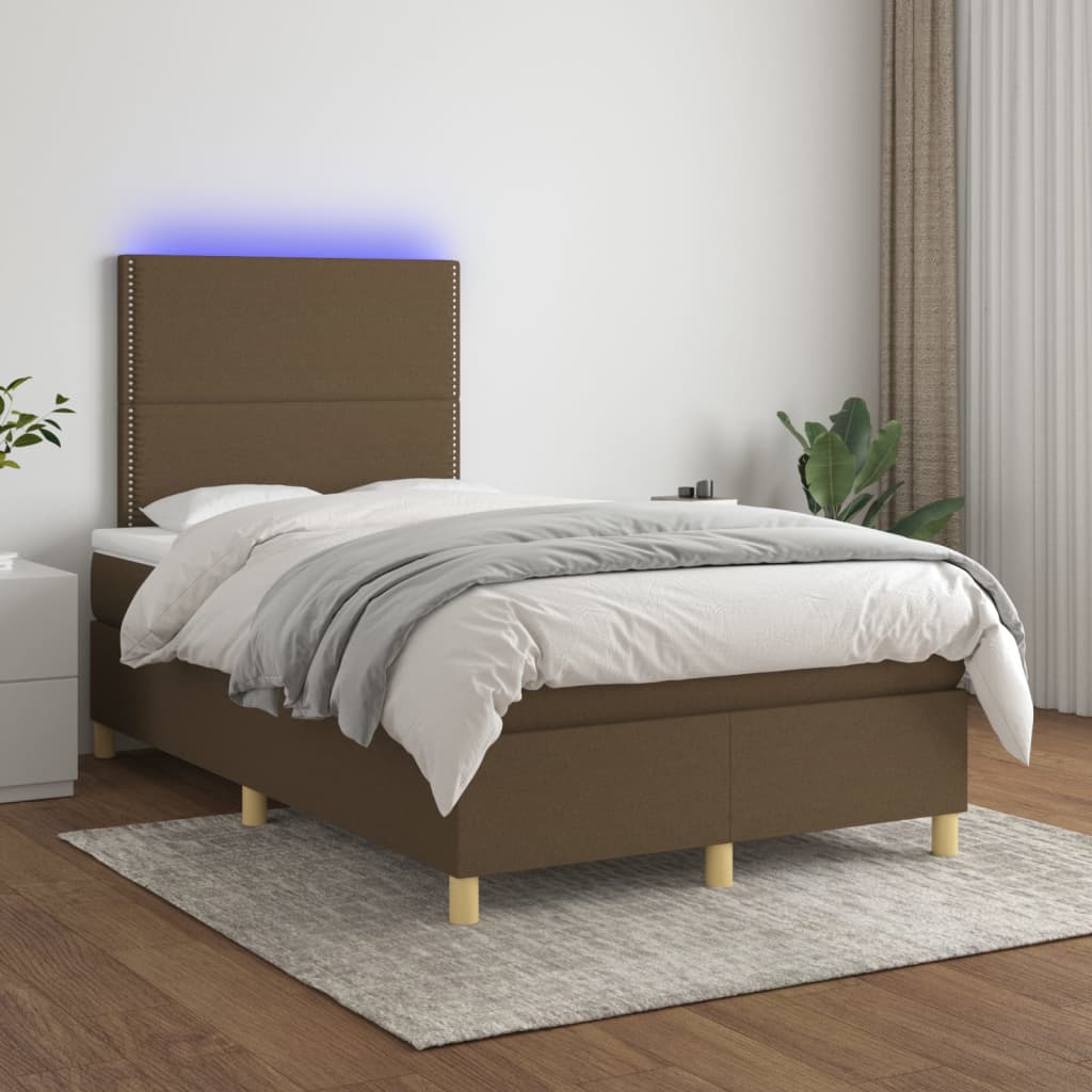 Cama box spring c/ colchão/LED 120x200cm tecido castanho-escuro