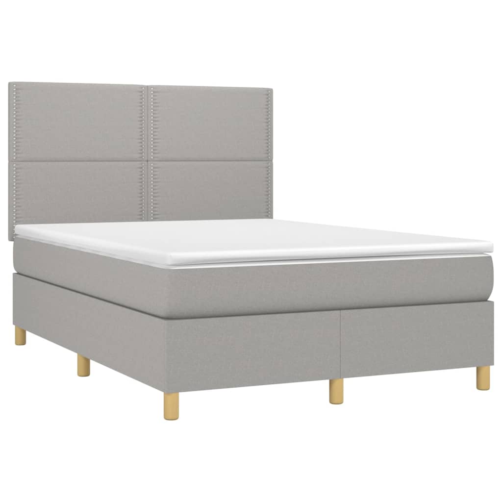 Cama box spring c/ colchão e LED 140x190 cm tecido cinza-claro