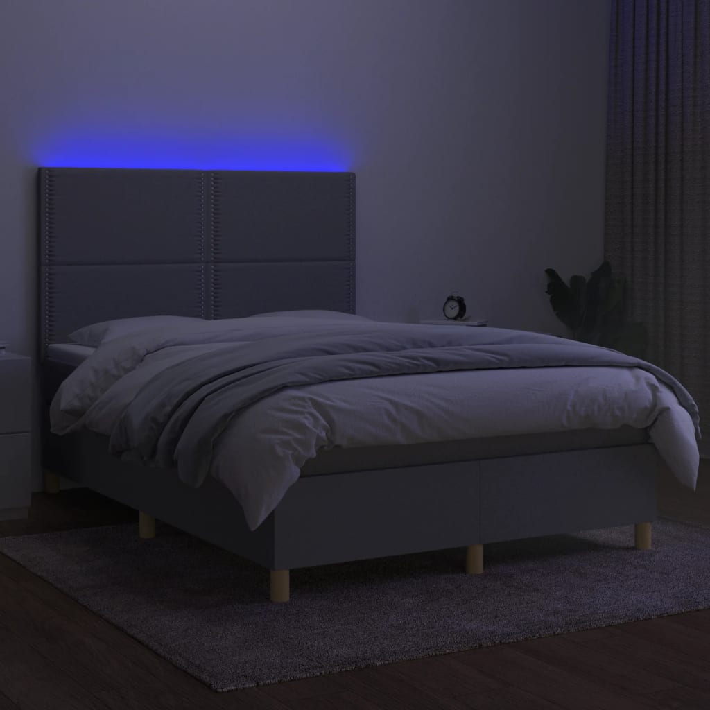 Cama box spring c/ colchão e LED 140x190 cm tecido cinza-claro