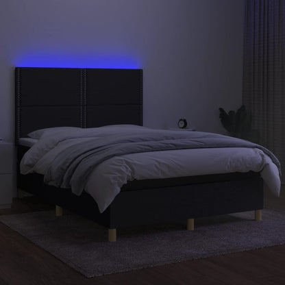 Cama box spring c/ colchão e LED 140x190 cm tecido preto