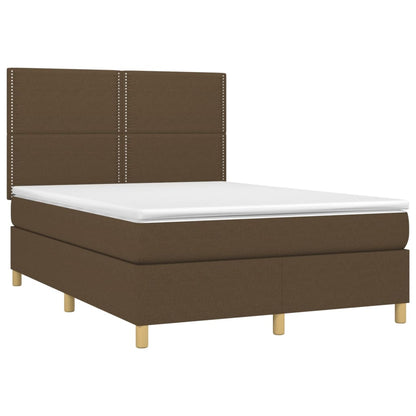 Cama box spring c/ colchão/LED 140x190cm tecido castanho-escuro