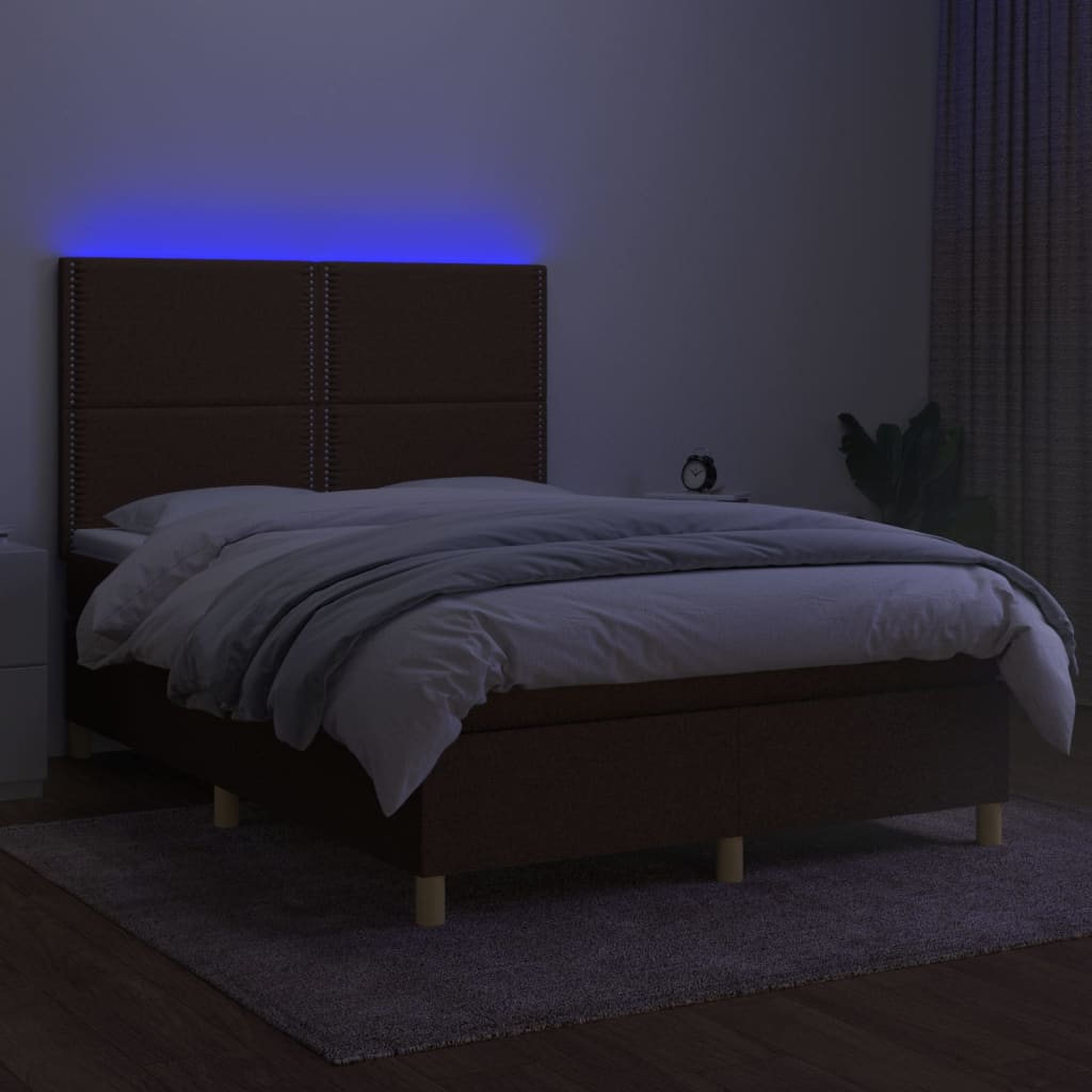 Cama box spring c/ colchão/LED 140x190cm tecido castanho-escuro