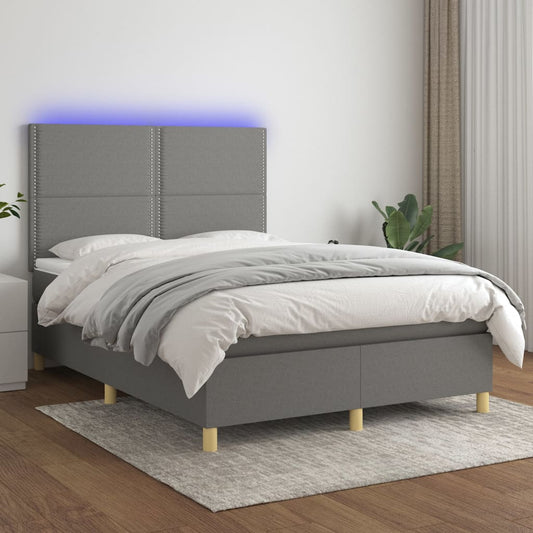 Cama box spring c/ colchão e LED 140x200 cm tecido cinza-escuro