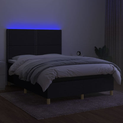 Cama box spring c/ colchão e LED 140x200 cm tecido preto