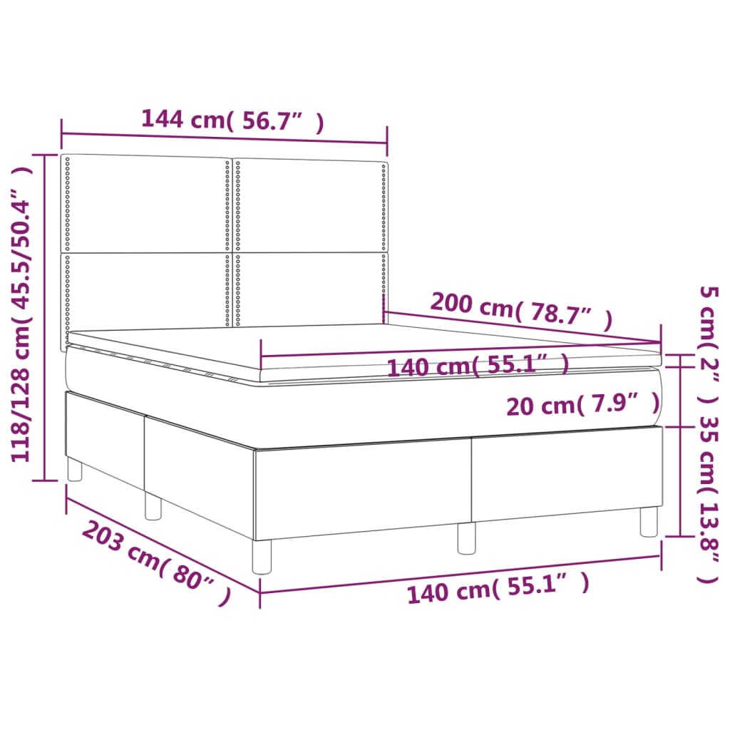 Cama box spring c/ colchão e LED 140x200 cm tecido cor creme