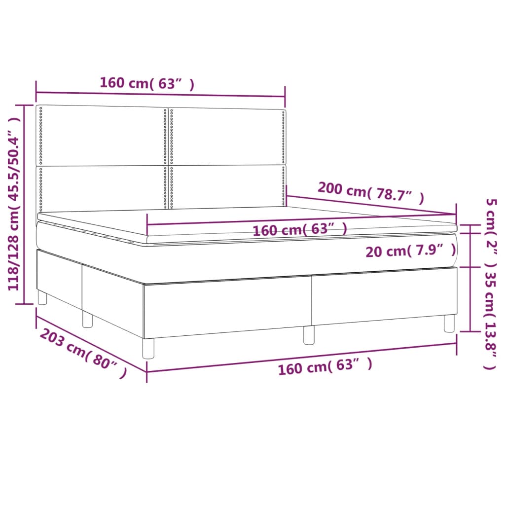 Cama box spring c/ colchão e LED 160x200 cm tecido cinza-claro