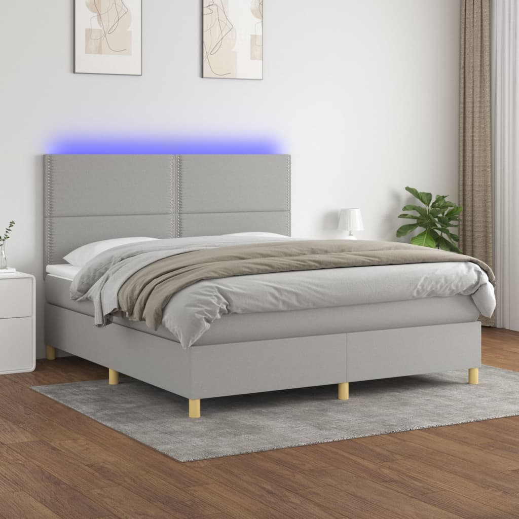 Cama box spring c/ colchão e LED 180x200 cm tecido cinza-claro