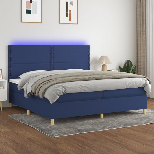 Cama box spring c/ colchão e LED 200x200 cm tecido azul