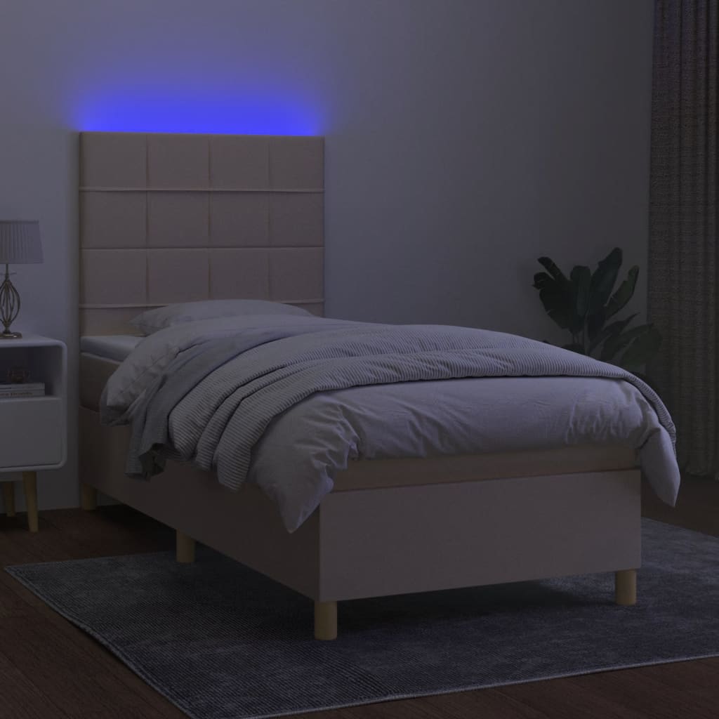 Cama box spring c/ colchão e LED 90x190 cm tecido cor creme