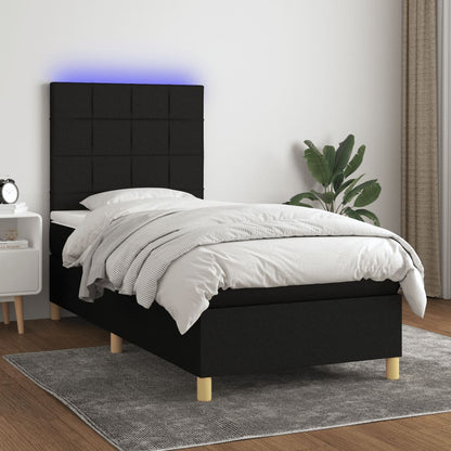 Cama box spring c/ colchão e LED 90x200 cm tecido preto