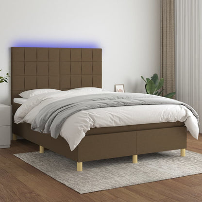 Cama box spring c/ colchão/LED 140x190cm tecido castanho-escuro