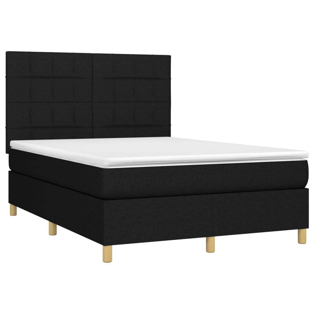 Cama box spring c/ colchão e LED 140x200 cm tecido preto