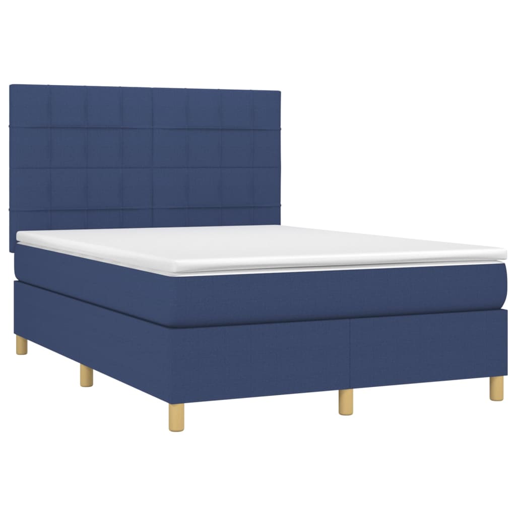 Cama box spring c/ colchão e LED 140x200 cm tecido azul