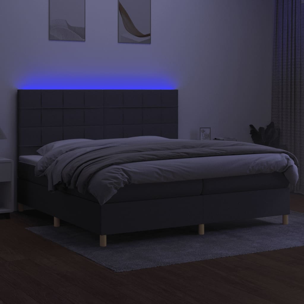 Cama box spring c/ colchão e LED 200x200 cm tecido cinza-escuro