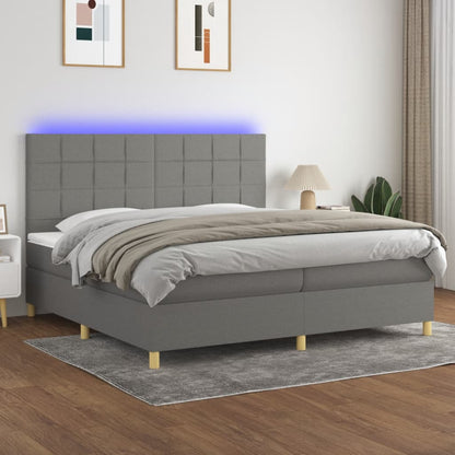 Cama box spring c/ colchão e LED 200x200 cm tecido cinza-escuro