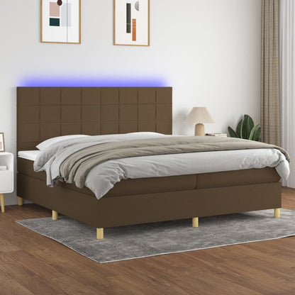 Cama box spring c/ colchão/LED 200x200cm tecido castanho-escuro