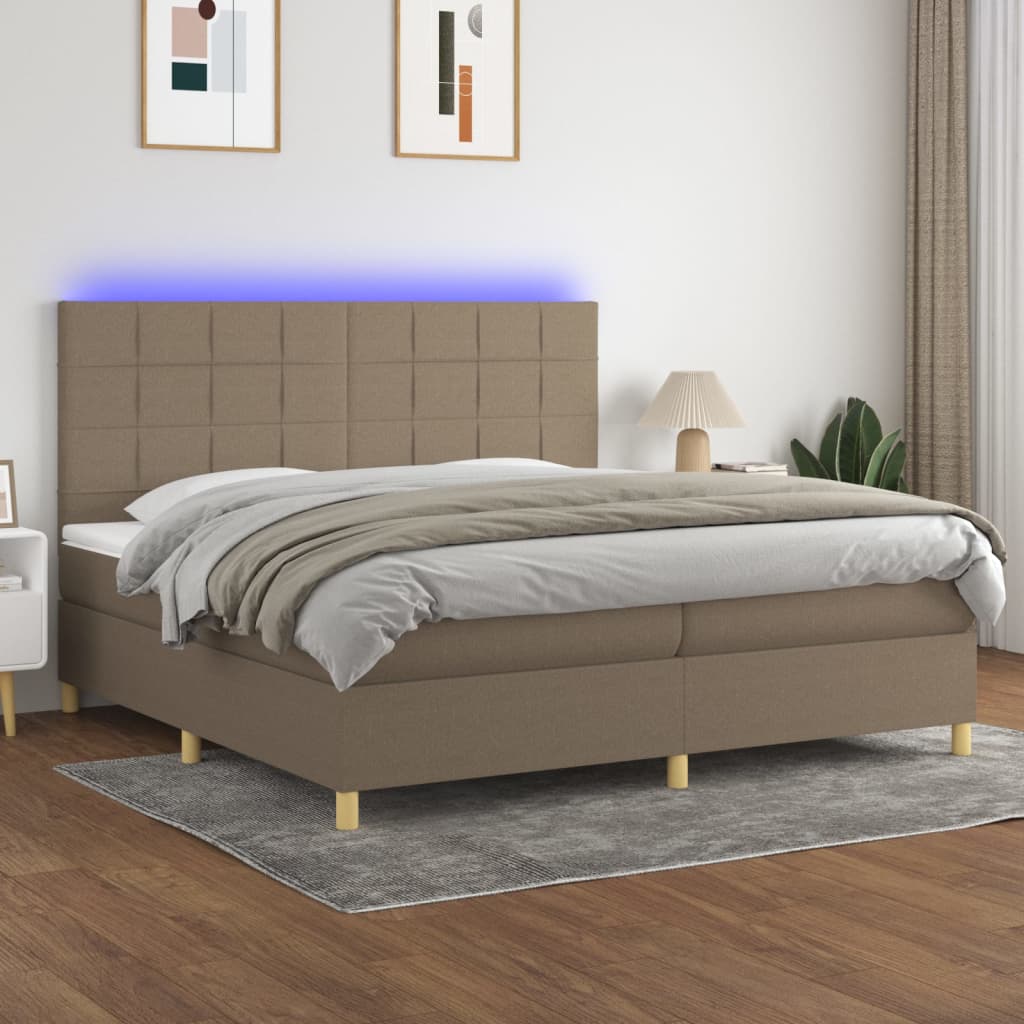 Cama box spring colchão/LED 200x200cm tecido cinza-acastanhado