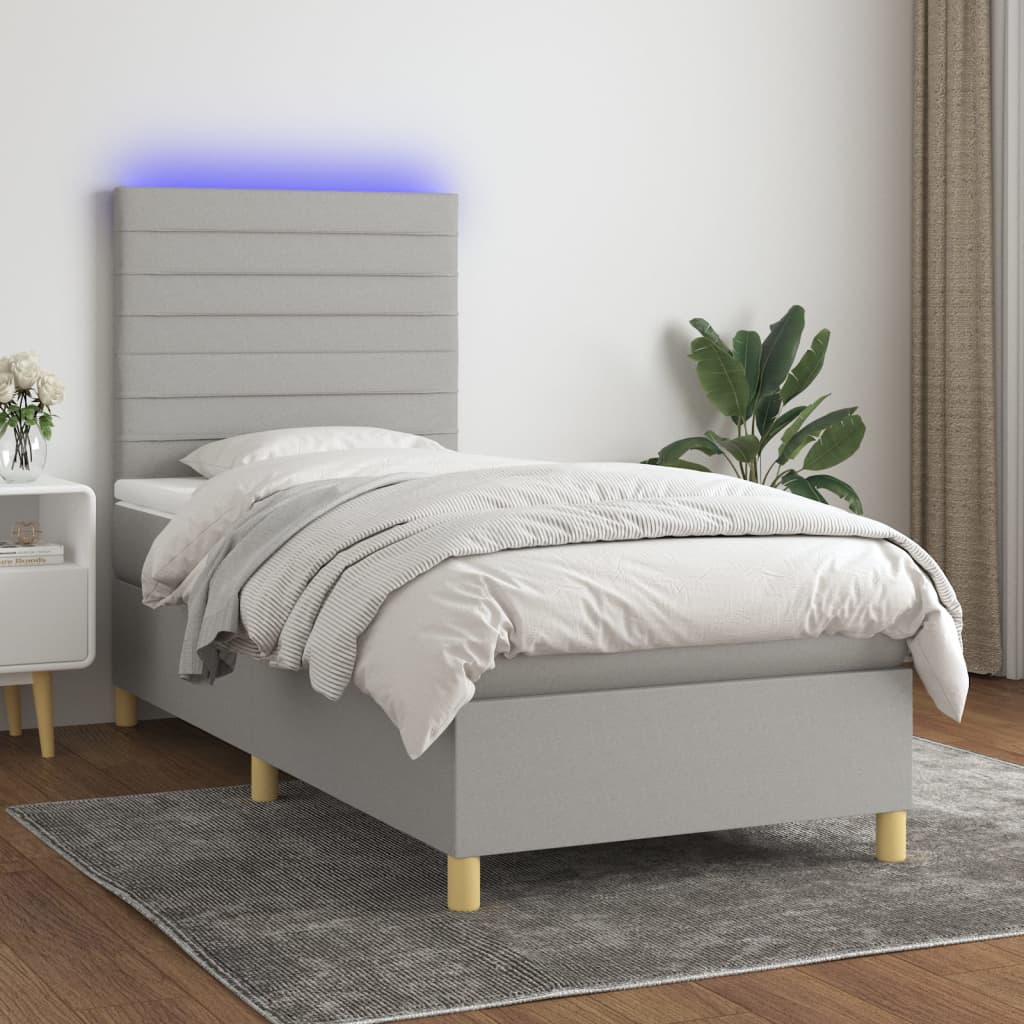 Cama box spring c/ colchão e LED 80x200 cm tecido cinza-claro