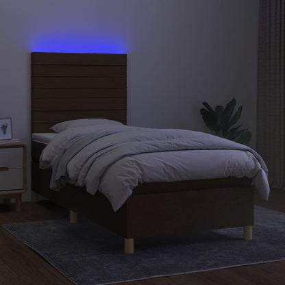 Cama box spring c/ colchão/LED 80x200cm tecido castanho-escuro