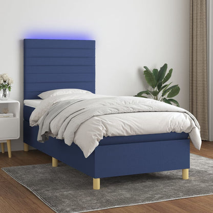 Cama box spring c/ colchão e LED 80x200 cm tecido azul