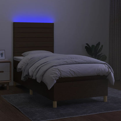 Cama box spring c/ colchão/LED 90x190 cm tecido castanho-escuro