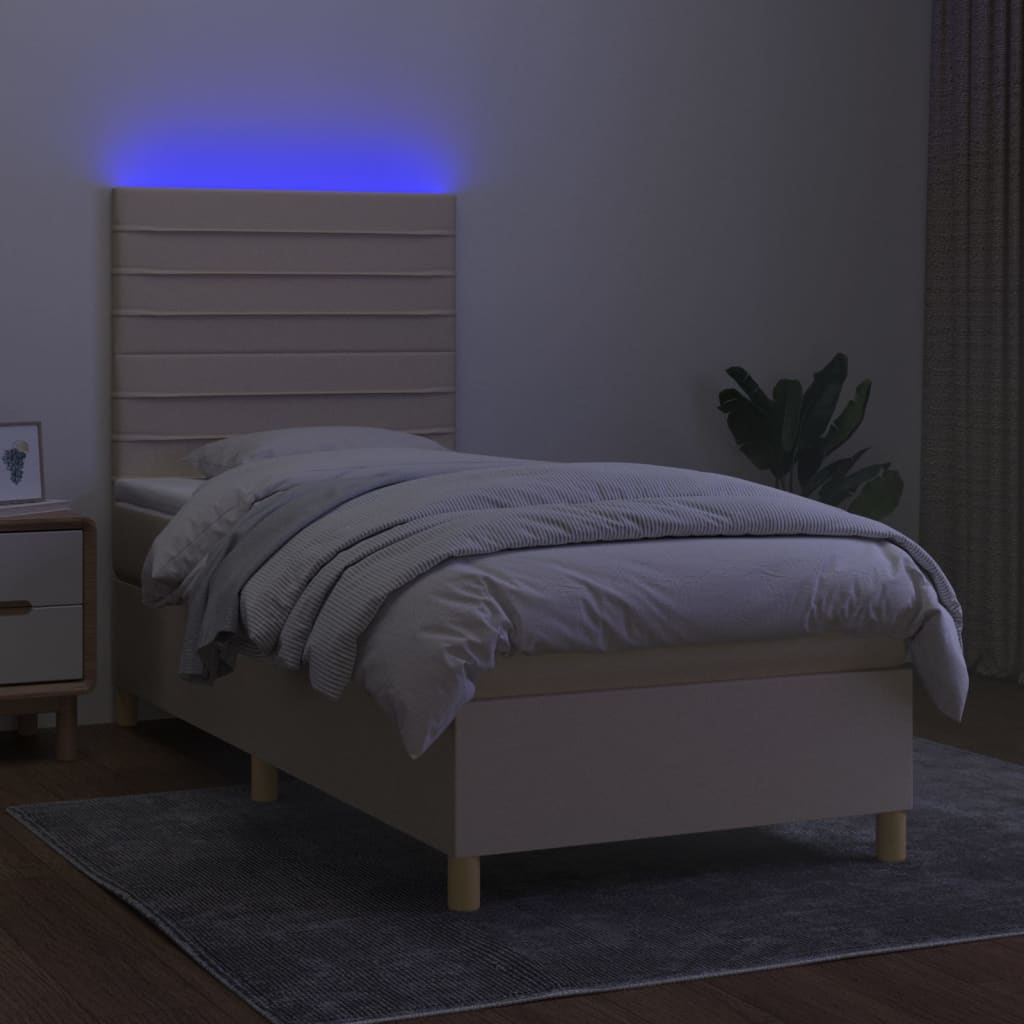 Cama box spring c/ colchão e LED 90x200 cm tecido cor creme