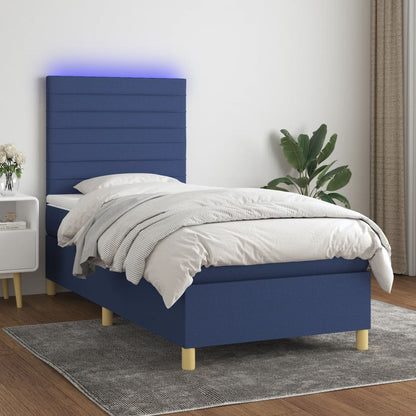 Cama box spring c/ colchão e LED 90x200 cm tecido azul