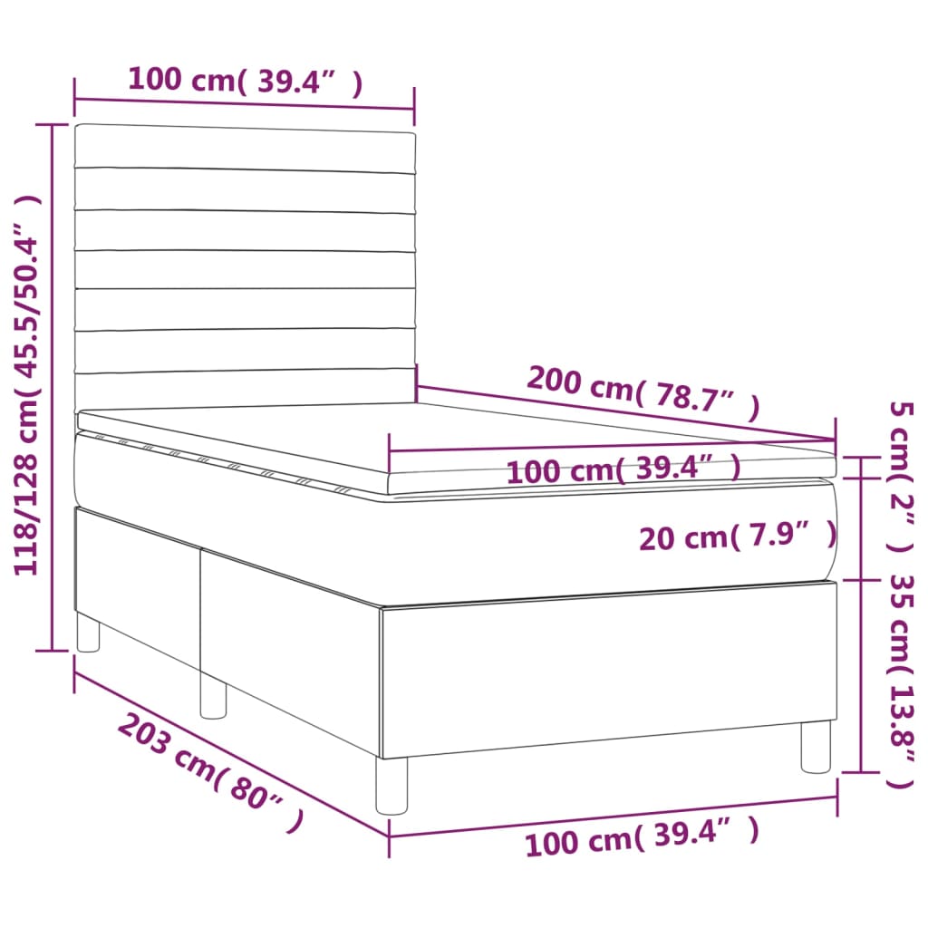 Cama box spring c/ colchão e LED 100x200 cm tecido cinza-claro