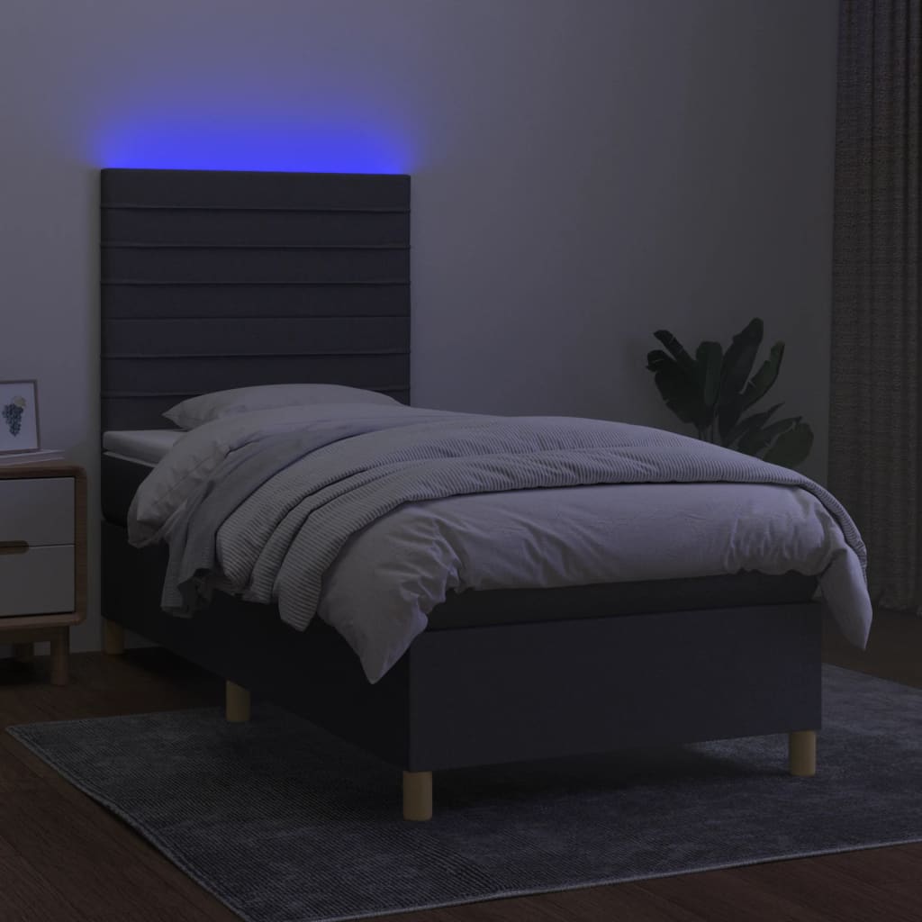 Cama box spring c/ colchão e LED 100x200 cm tecido cinza-escuro