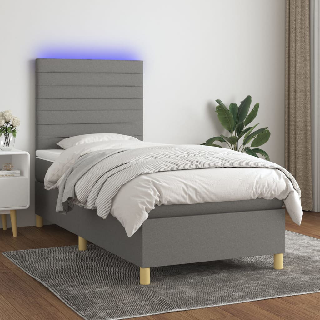 Cama box spring c/ colchão e LED 100x200 cm tecido cinza-escuro