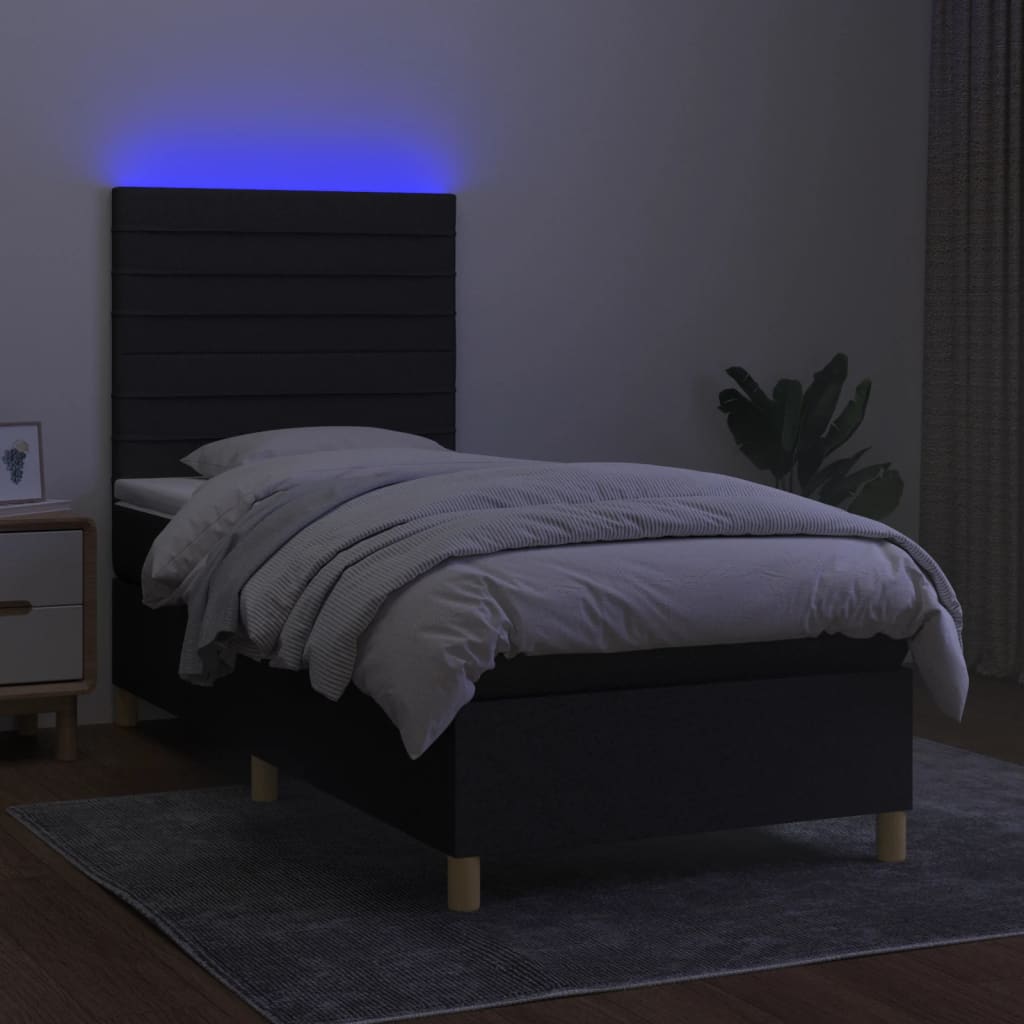 Cama box spring c/ colchão e LED 100x200 cm tecido preto