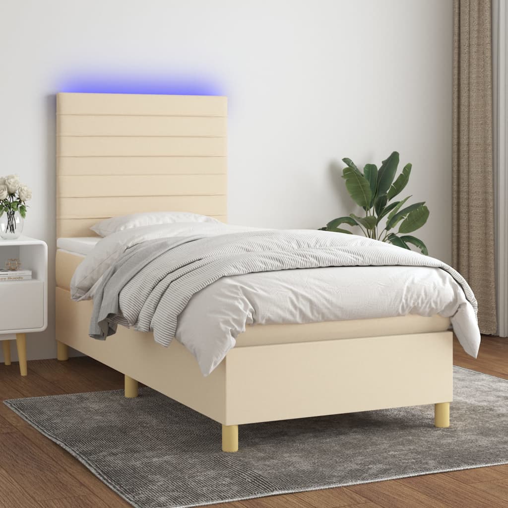 Cama box spring c/ colchão e LED 100x200 cm tecido cor creme