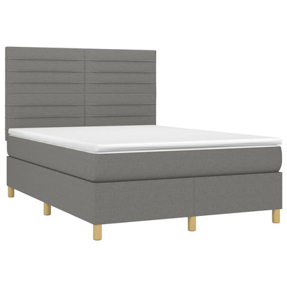 Cama box spring c/ colchão e LED 140x190 cm tecido cinza-escuro