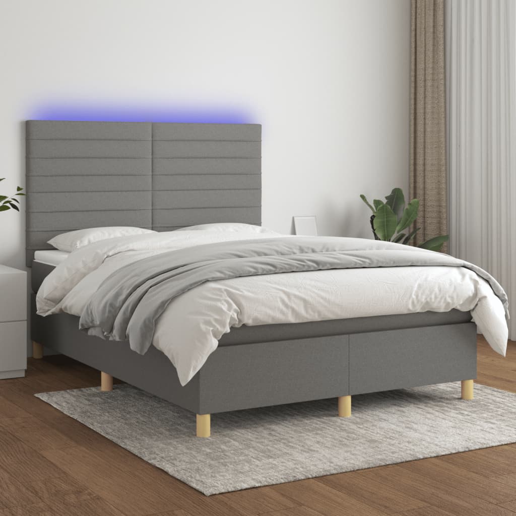 Cama box spring c/ colchão e LED 140x190 cm tecido cinza-escuro