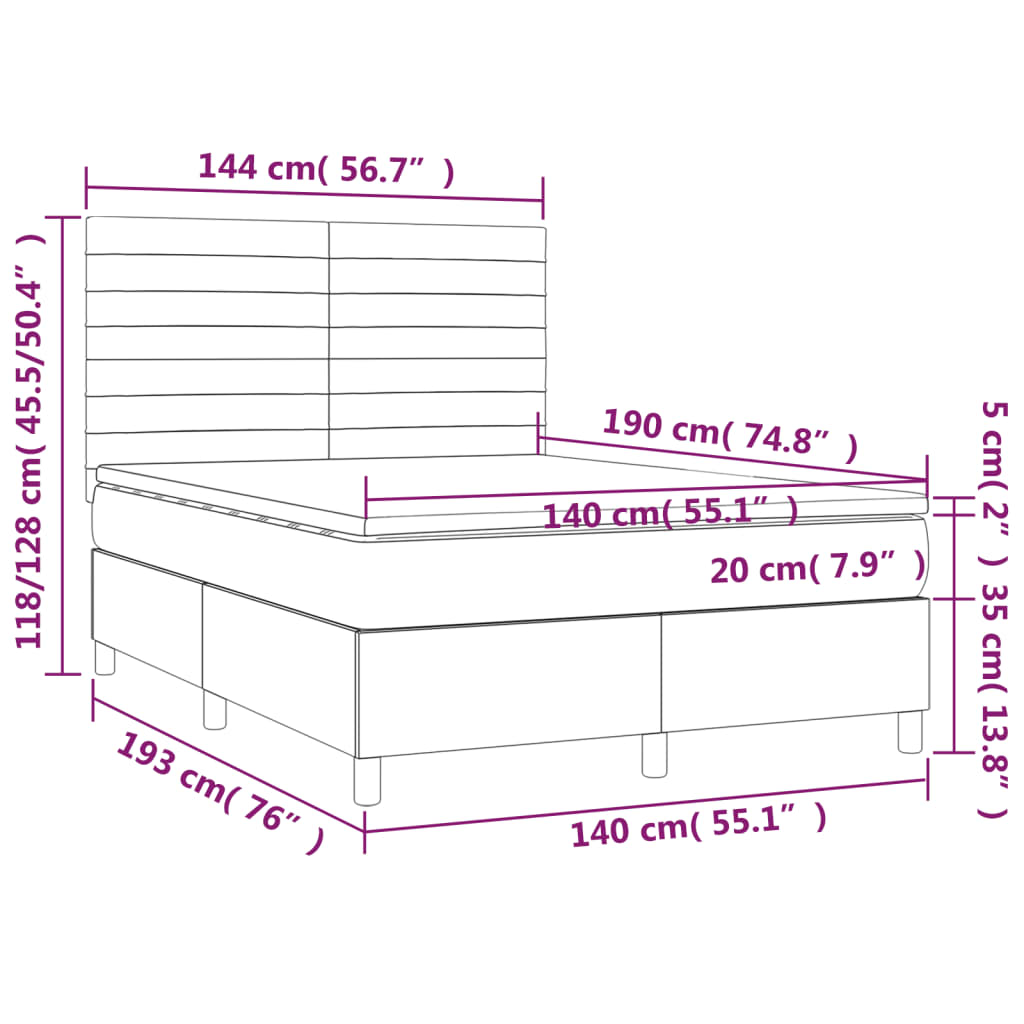 Cama box spring c/ colchão e LED 140x190 cm tecido azul